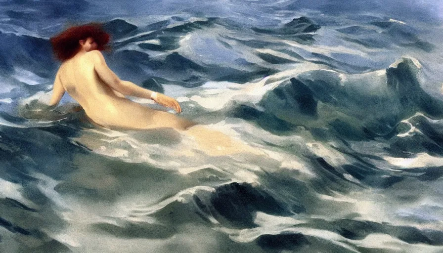 Prompt: she sang beyond the genius of the sea. the water never formed to mind or voice, like a body wholly body, fluttering its empty sleeves ; and yet its mimic motion made constant cry, caused constantly a cry, that was not ours although we understood, inhuman, of the veritable ocean. by john singer sargent