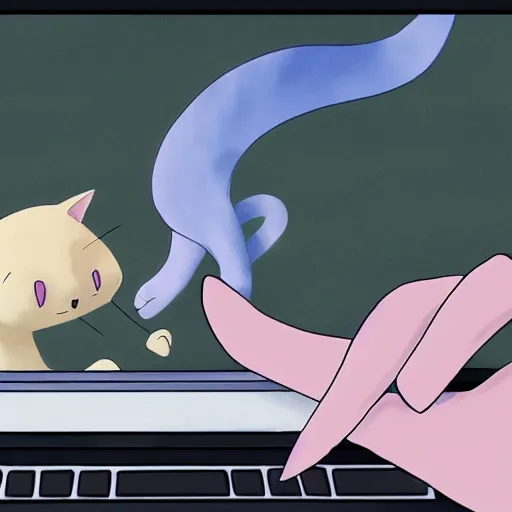 Prompt: a cat browsing memes on a laptop, anime scene by Makoto Shinkai, wholesome digital art
