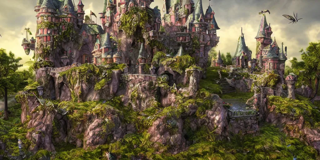 Image similar to a fairy castle, extremely detailed, unreal 5 render, fantasy digital art, octane render, beautiful composition, trending on artstation, award-winning photograph, masterpiece