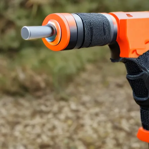 Image similar to highly detailed hand held rail gun, orange, white, black