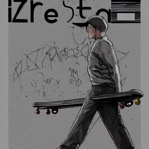 Image similar to imagine interzone grey secret society, citizen on a 1 9 9 3 skateboard, by ashley wood and moebius, artstation, thrasher magazine, 4 k detailed post processing, footage