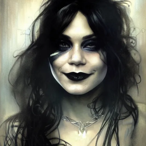 Image similar to beautiful portrait of vanessa hudgens as death from sandman, smiling, by cedric peyravernay, alphonse mucha, by jeremy mann, by lecouffe deharme, goth chic, soft lightning, eyeliner, punk rock, high detailed, 8 k