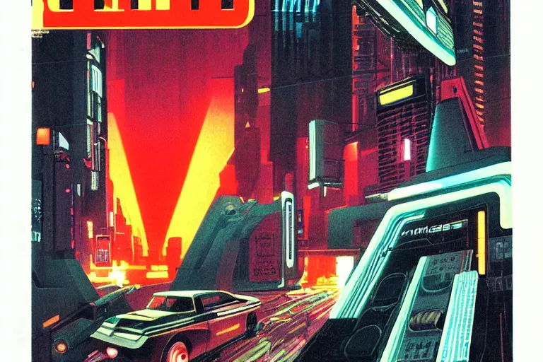 Prompt: 1979 OMNI Magazine Cover of a handheld retro electronic product with lights and cables neo-Tokyo in cyberpunk style by Vincent Di Fate