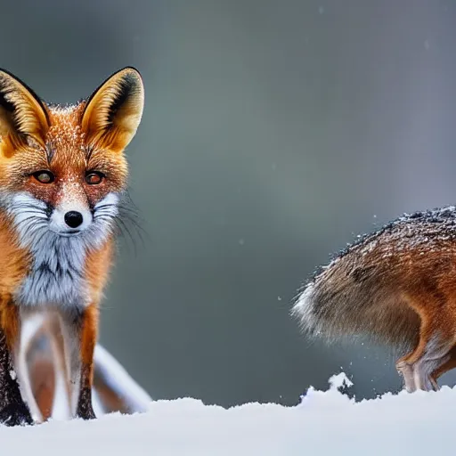 Prompt: mouse mixed with a fox searching for food in the snow, macro shot, soft light of winter, award winning photo, national geographic,