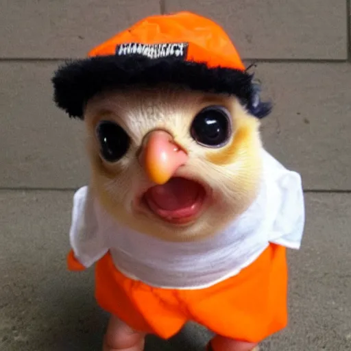 Image similar to cute baby chick dressed as an inmate in jail