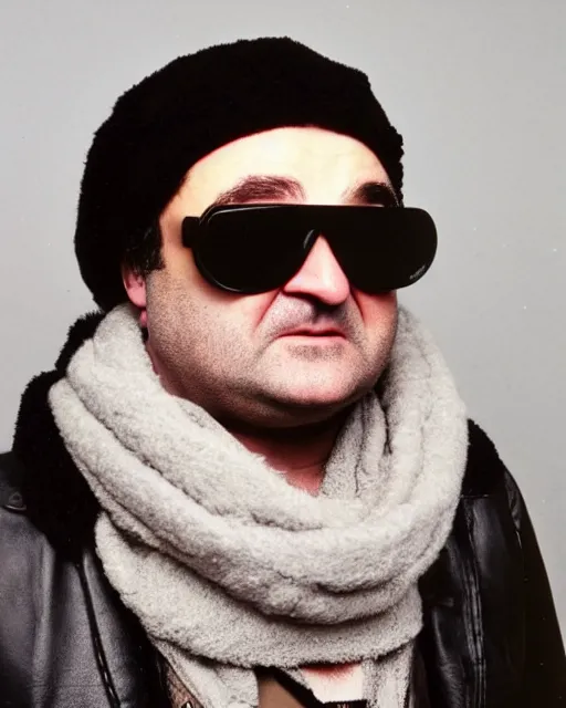 Prompt: headshot of john belushi wearing a leather ushanka and aviator goggles, he is also wearing an a 2 flight jacket, a long white scarf is wrapped around his neck, he has a 5 o'clock shadow, a crazed angry look on his face