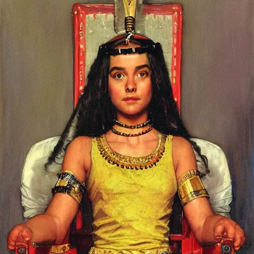 Image similar to Portrait still photograph of young Cleopatra sitting on her throne in the Oval Office by Norman Rockwell, detailed, textured, medium shot, mid-shot, trending on Artstation