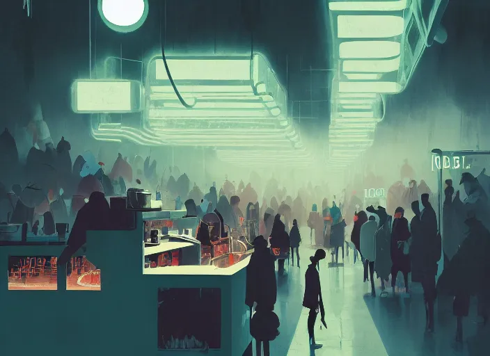 Image similar to illustrated crowded cafe interior, colorful, mads berg, karolis strautniekas, christopher balaskas, stippled light, low fog, moody, fine texture, editorial illustration, dramatic lighting, dynamic composition, detailed, matte print, muted color, ( ( victo ngai ) ), wide angle