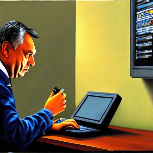 Image similar to viktor orban programming a computer in a cubicle, oil painting