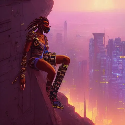 Prompt: a cyberpunk zulu warrior sitting on a cliff watching an enormous metropolitan city burn!! from a distance at night, fire, by alena aenami and android jones and greg rutkowski, Trending on artstation, hyperrealism, elegant, stylized, highly detailed digital art, 8k resolution, hd, global illumination, radiant light, detailed and intricate cyberpunk ghetto environment, rendered in octane, post processed, wide angle