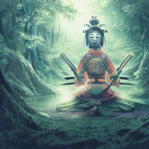 Prompt: magical samurai floating meditating in enchanted forest, digital art, surreal, beautiful, detailed, highly detailed, intricate, powerful warrior, glowing, prismatic, pearlescent