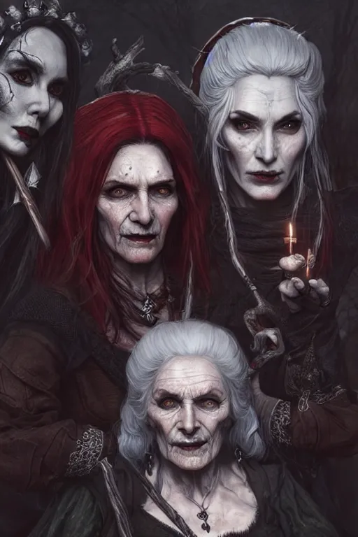 Image similar to the crones witches from the witcher 3 in the style of stefan kostic, realistic, sharp focus, 8 k high definition, insanely detailed, intricate, elegant, art by stanley lau and artgerm