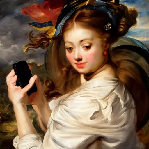 Prompt: heavenly summer sharp land sphere scallop well dressed lady taking a selfie with her iphone auslese, by peter paul rubens and eugene delacroix and karol bak, hyperrealism, digital illustration, fauvist, iphone