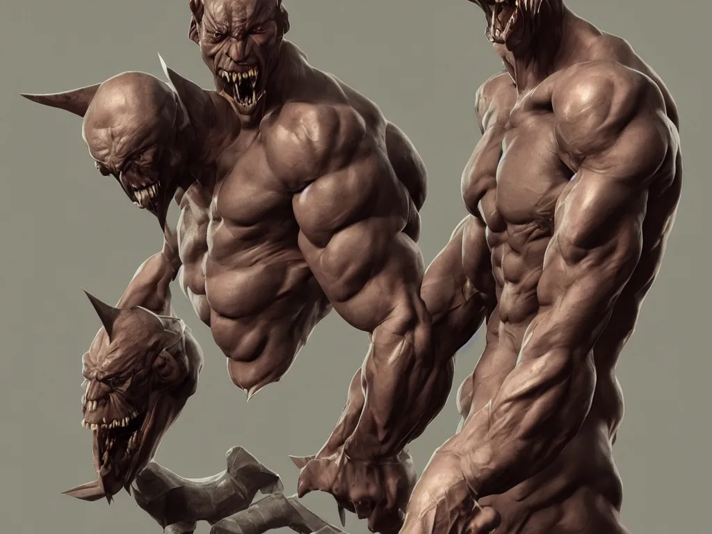 Image similar to game concept art, muscular body, mesomorph, chiroptera head, chiroptera ears, sharp teeth, hyperrealism, artstation, cgsociety, zbrush, no background