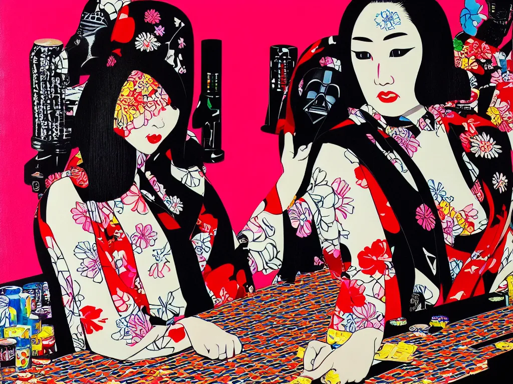 Image similar to hyperrealism composition of the detailed woman in a japanese kimono sitting at an extremely detailed poker table with darth vader, fireworks on the background, pop - art style, jacky tsai style, andy warhol style, acrylic on canvas