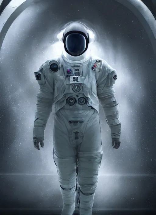 Image similar to symmetry concept art by craig mullins astronaut in futuristic dark and empty spaceship underwater. infrared glowing lights. complex and hyperdetailed technical suit. reflection and dispersion materials. rays and dispersion of light. volumetric light. 5 0 mm, f / 3 2. noise film photo. flash photography. unreal engine 4, octane render. interstellar movie art