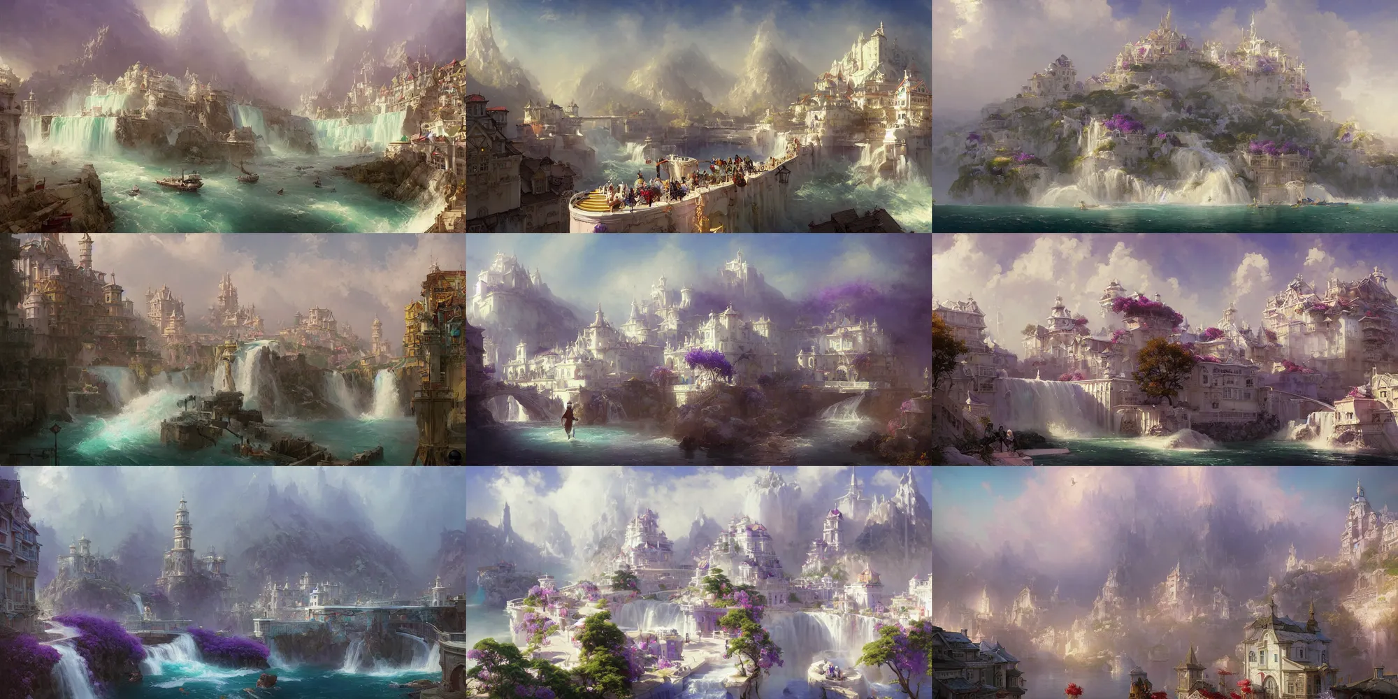 Prompt: fantasy port city with waterfalls, white buildings with lavender color roofs, bridges, lilac bushes, fantasy, art by joseph leyendecker, peter mohrbacher, ivan aivazovsky, ruan jia, reza afshar, marc simonetti