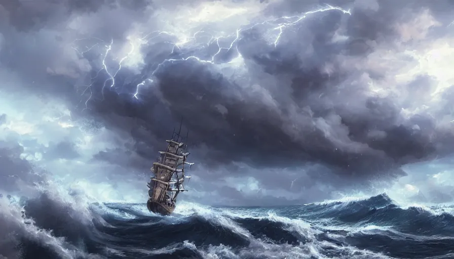 Prompt: ship from one piece sailing, dynamic sky, storm sky, with light piercing through stormy clouds, birds near the ship, rough sea, crepuscular rays, volumetric lighting, pixiv art, cgsociety, highly detailed, anime art, greg rutkowski, symmetrical, artgerm, wlop, anime art