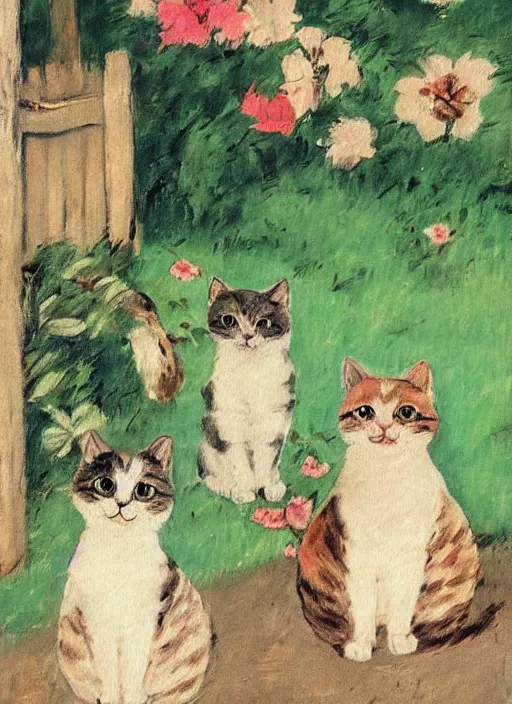 Prompt: vintage beautiful painting of cats on a village street in Mary Cassatt style