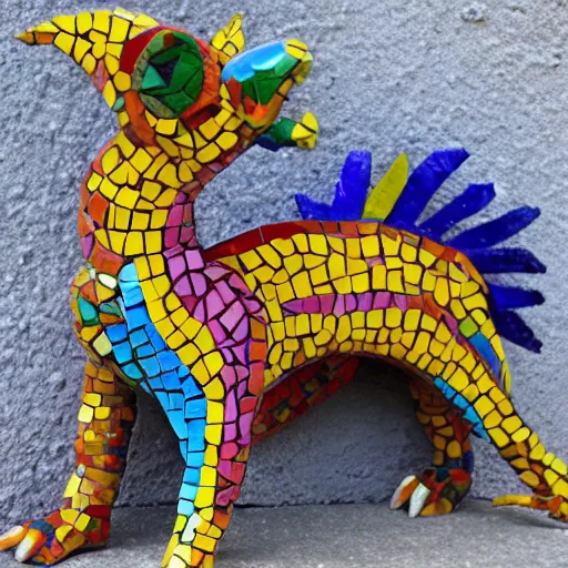 Prompt: mosaic sculpture of a alebrije chimera!!!, irregularly shaped mosaic tiles, pottery shards, in the style of folk art, in a cottagecore flower garden