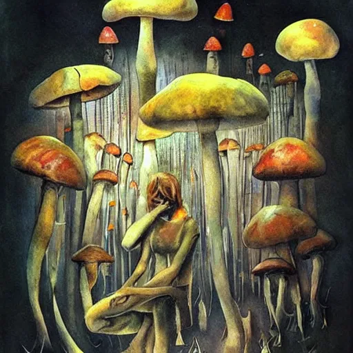 Image similar to psychedelic mushrooms psilocybin dream, by dave mckean