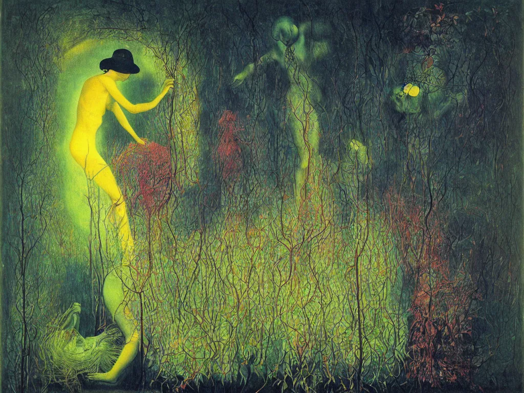 Prompt: phosphorescent long needled human in a bush. a carnivorous plant. painting by mikalojus konstantinas ciurlionis, bosch, max ernst, agnes pelton, rene magritte