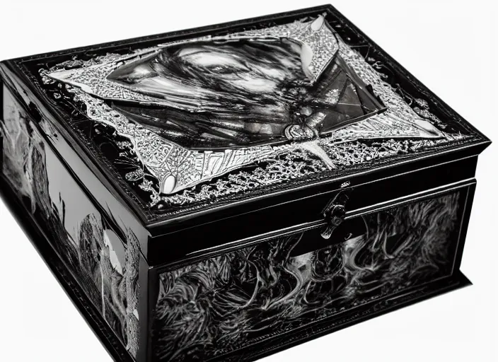 Prompt: reflective crystal box with horrors inside. Fantasy horror style. Highly detailed 8k. Intricate. Nikon d850 55mm. Award winning photography.