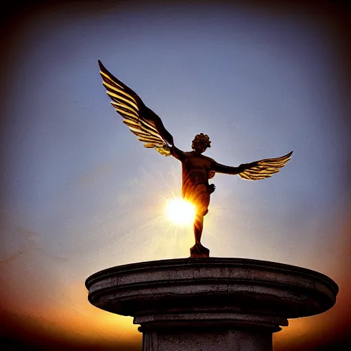 Prompt: icarus and sun, hyperrealistic image, reastically, bokeh, rome statue, hdr, details