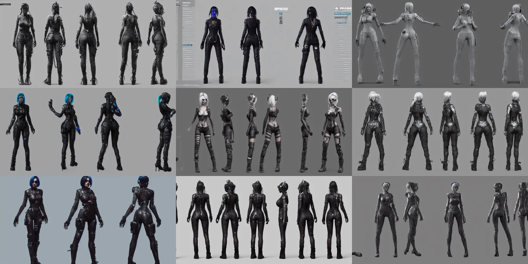 Prompt: character sheet of badass cyberpunk girl by picasso, riot games, concept design, 3 d, unreal engine 5, trending on artstation, pincushion lens effect