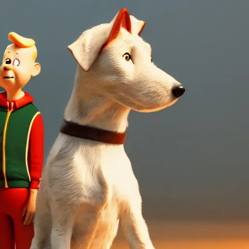 Prompt: tintin and his white wire fox terrier, depicted as a pixar character, high quality cg render, 8 k