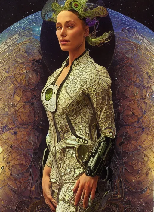 Image similar to portrait of Krys Marshall wearing a space suit, intricate, elegant, highly detailed, centered, digital painting, artstation, concept art, smooth, sharp focus, illustration, art by android jones and donato giancola and alphonse mucha