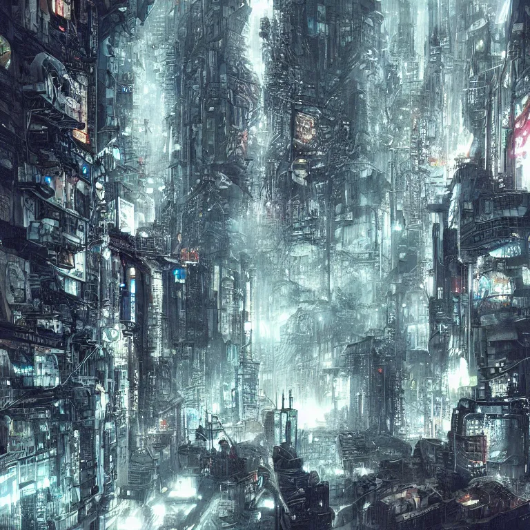 Image similar to cyberpunk depiction of the city of gdansk during arctic conditions by yoshitaka amano