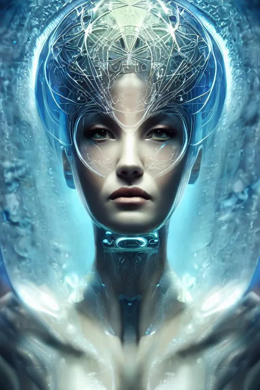 Image similar to a centered render of an alluring futuristic goddess with slight cyborg modifications surrounded by a underwater ink pour and flowing liquid gallium and sacred geometry, perfect body and face, powerful, cinematic, beautifully lit, by artgerm, by karol bak, 3 d, trending on artstation, octane render, 8 k