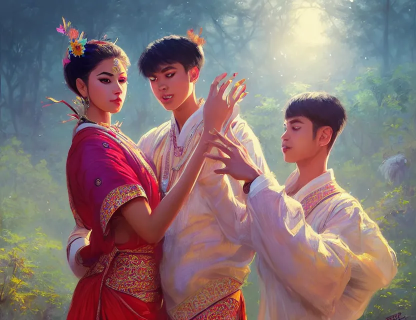 Image similar to a beautiful fashion big eye girl wear flashy dress and a handsome boy wear traditional outfits in festival | | sunny, dreamlike art, mist, realistic shaded, smile, good looking, fine details, 4 k realistic, cryengine, realistic shaded lighting poster by greg rutkowski, magali villeneuve, artgerm, jeremy lipkin and michael garmash and rob rey