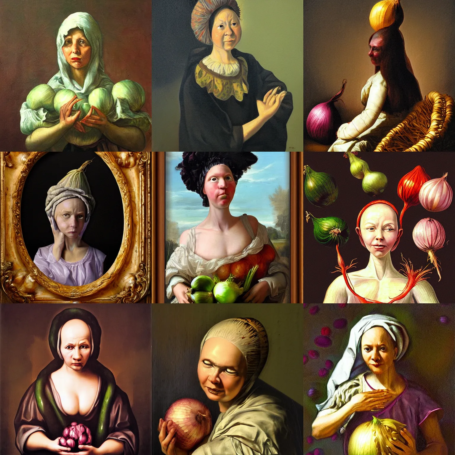 Prompt: onion woman, baroque painting, surrounding onions, human onion hybrid