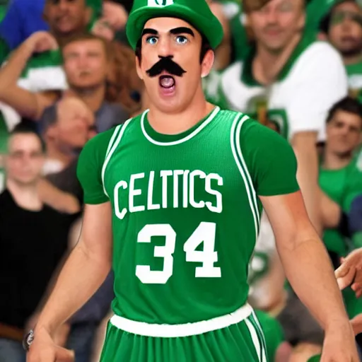 Image similar to realistic super mario playing for the boston celtics