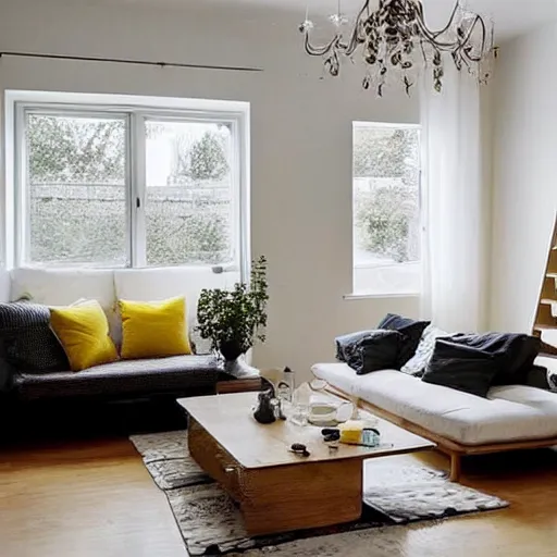 Image similar to Minimalistic Livingroom with a staircase, wooden floor, white L shaped couch, wooden coffee table, Big chandelier, Big Windows, Yellow Lights