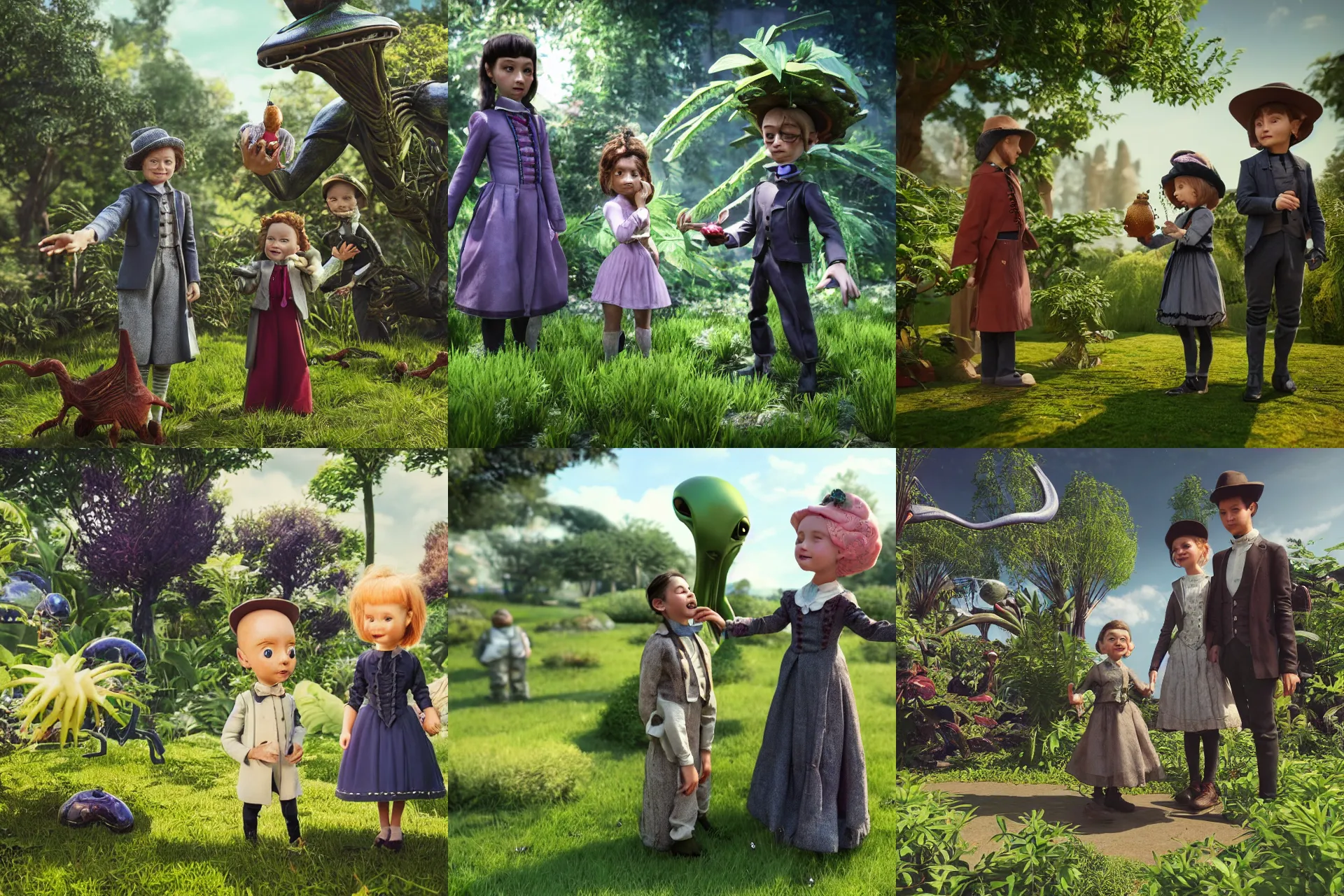 Prompt: a girl and a boy standing next to some alien plants, looking happy, wearing victorian clothes, they are playing with their small pet alien creature, in a park on a alien planet, extremely high details, ultra realistic facial details, in focus faces, ultra photorealistic raytracing, 8k