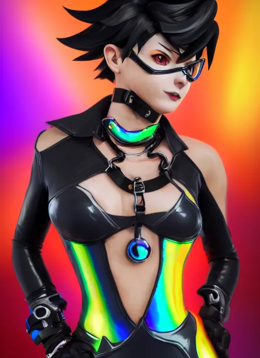 Prompt: full body digital artwork of tracer overwatch, wearing black iridescent rainbow latex bikini, 4 k, expressive happy smug expression, makeup, in style of mark arian, wearing detailed black leather collar, wearing chains, black leather harness, leather cuffs around wrists, detailed face and eyes,
