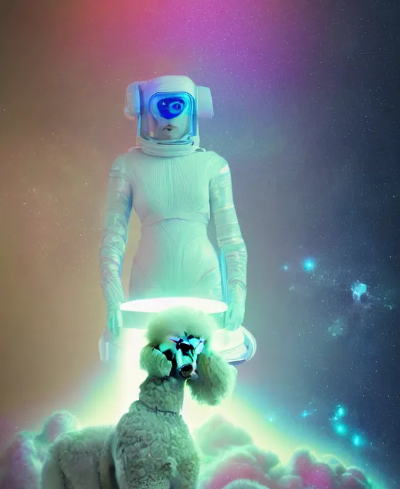 Prompt: a beautiful portrait of a poodle inside an holographic spacesuit, galactic landscape, cinematic, volumetric fog, risographic, digital art, 4 k, vintage sci - fi, inspired by moebius, inspired by thim white, inspired by h. r. giger