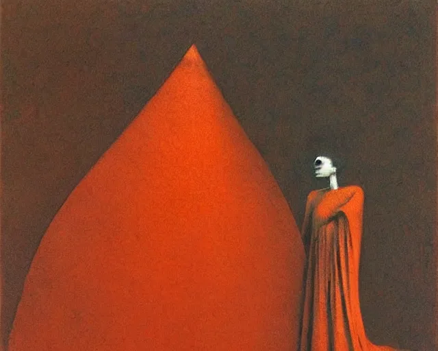 Image similar to by francis bacon, beksinski, mystical redscale photography evocative. devotion to the scarlet woman, priestess in a conical hat, coronation, ritual, sacrament
