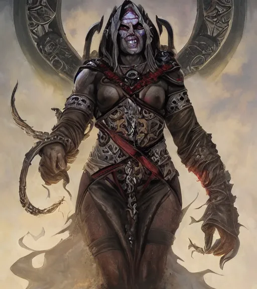 Image similar to a concept art painting of a evil female half - orc priest, art by karol bak and mark brooks and artgerm, centered, trending on artstation