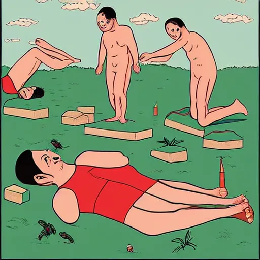 Prompt: exercises of relaxation for the end of the world, in the style of joan cornella, comic, drawing, absurd, higly detailed