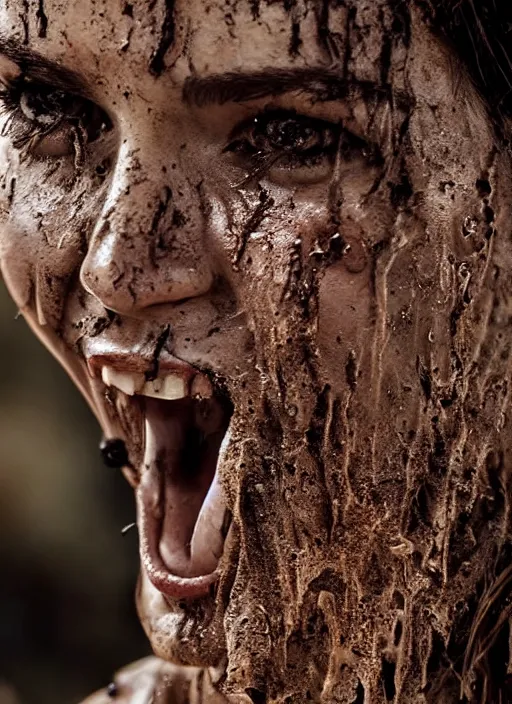 Prompt: a film still of lara croft screaming, her face muddy and sweat, direct sun light, close up potrait, cinematic,