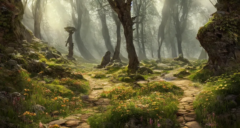 Prompt: Beautiful uplifting glade with elven pathmarkers along the road bg. J.R.R. Tolkien's Middle-Earth. Trending on Artstation. Digital illustration. Artwork by Darek Zabrocki and Sylvain Sarrailh. Concept art, Concept Design, Illustration, Marketing Illustration, 3ds Max, Blender, Keyshot, Unreal Engine, ZBrush, 3DCoat, World Machine, SpeedTree, 3D Modelling, Digital Painting, Matte Painting, Character Design, Environment Design, Game Design, After Effects, Maya, Photoshop.