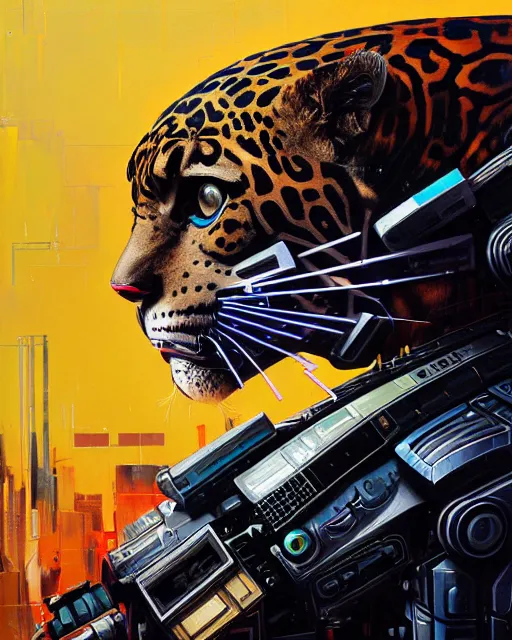 Image similar to a portrait of an anthropomorphic cyberpunk jaguar by sandra chevrier, by jon foster, detailed render, tape deck, epic composition, cybernetics, 4 k realistic, cryengine, realistic shaded lighting, sharp focus, masterpiece, by enki bilal