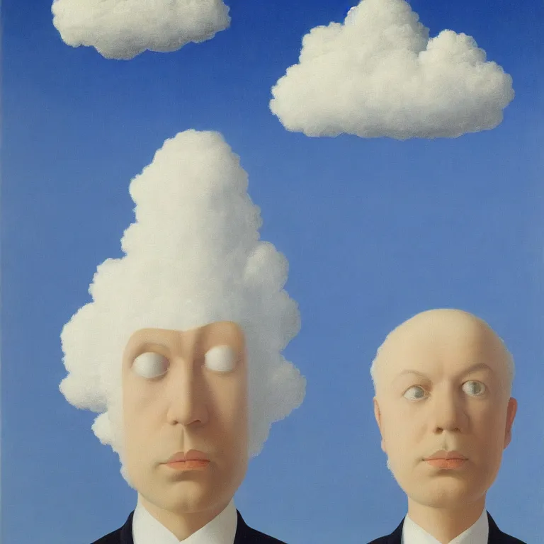 Image similar to portrait of a cloud head man by rene magritte, detailed painting, hd, hq, high resolution, high detail, 4 k, 8 k