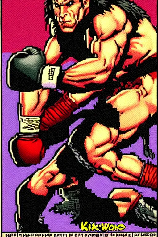 Image similar to extreme long shot. 8 bit nes graphics. antropomorphic muscular masculine wolf. kickboxer fighter, in shorts. wolf head. furr on body. like game contra.