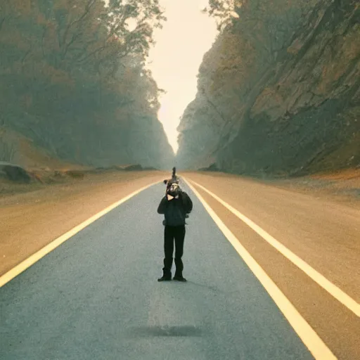 Prompt: kodak portra 1 6 0 3 5 mm photograph of alone in big road, 8 k ultra - detailed, real photography, hightly detailed, hyper realistic, photographic, wide angle lens, focuses on the nuances of the human face and subtle shifts in tonal value, silhouette composition, neutral