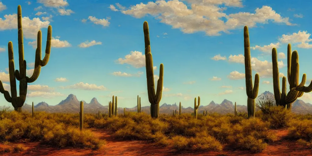 Image similar to a beautiful happy oil painting of the sonoran desert, green with lots of mesquite trees and bushes, beautiful cloudy deep blue sky, and earthy browns on ground, four creosote bushes, drawn by quentin mabille, geoffroy thoorens, trending on artstation